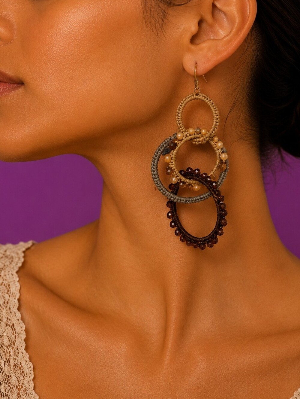 Interlocking Circle Hoops Macrame Crystal Beaded Festival Dangle Earrings